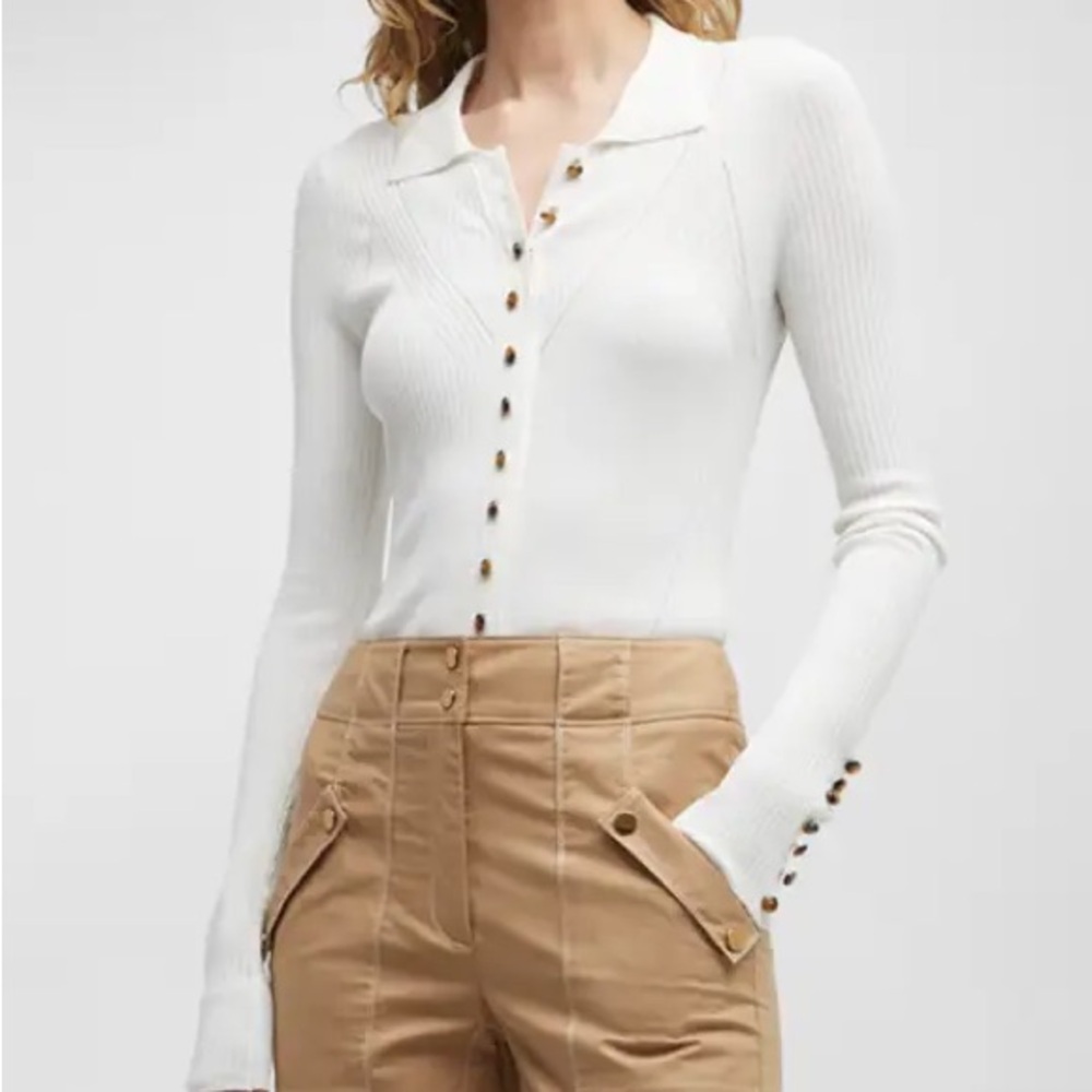Veronica Beard Fiola White Ribbed Long Sleeve Sweater